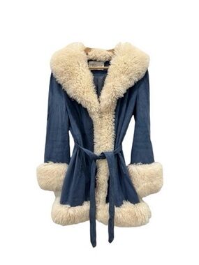 Charlotte Stone Blue Suede Teddy Jacket with Cream Shearling Trim